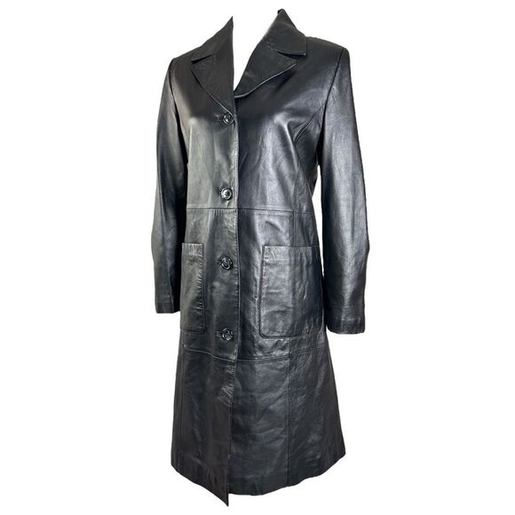 Vintage Leather Jacket Womens Black Long Button 90s Y2K Vintage Leather Jacket Womens Black Long Button 90s Y2K